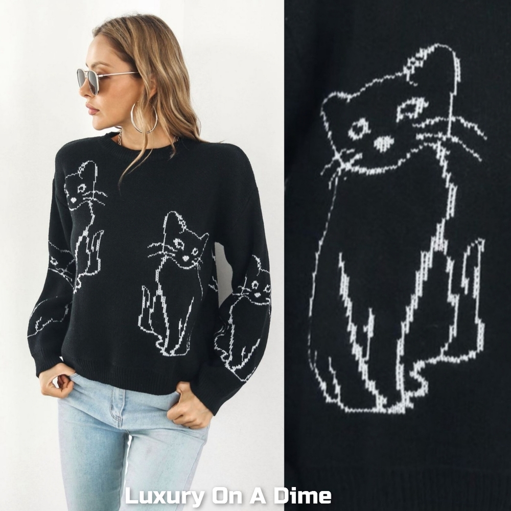 Kitty Cat Knit Round Neck Top Feline Long Sleeve Pullover Sweater Shirt Black
